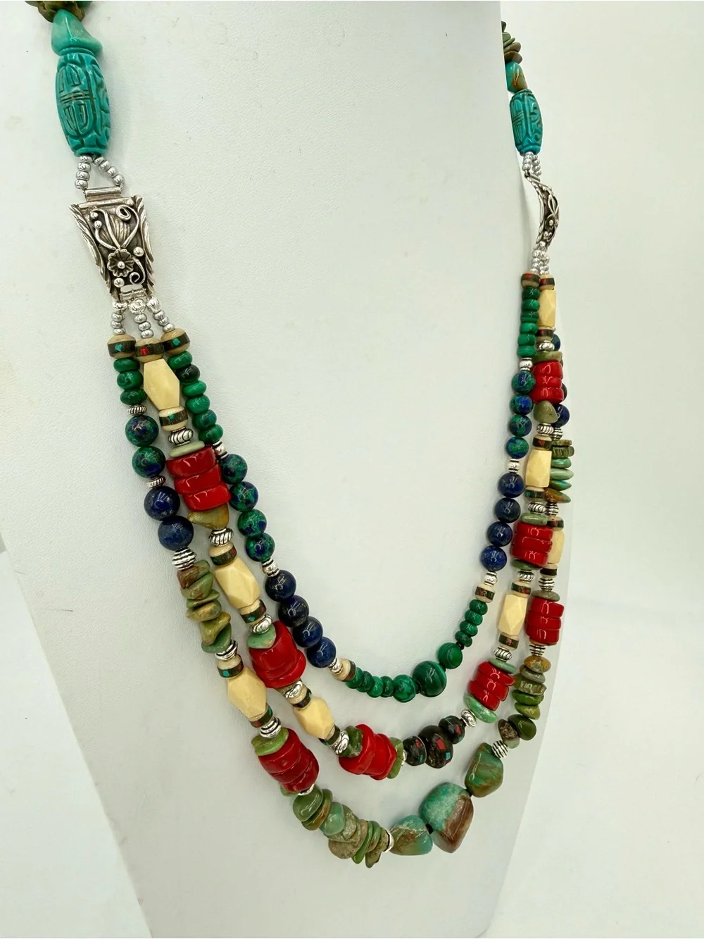 Artisan Sterling Turquoise Multi Stone 3 Strand Necklace Southwest 24-28” 164gr